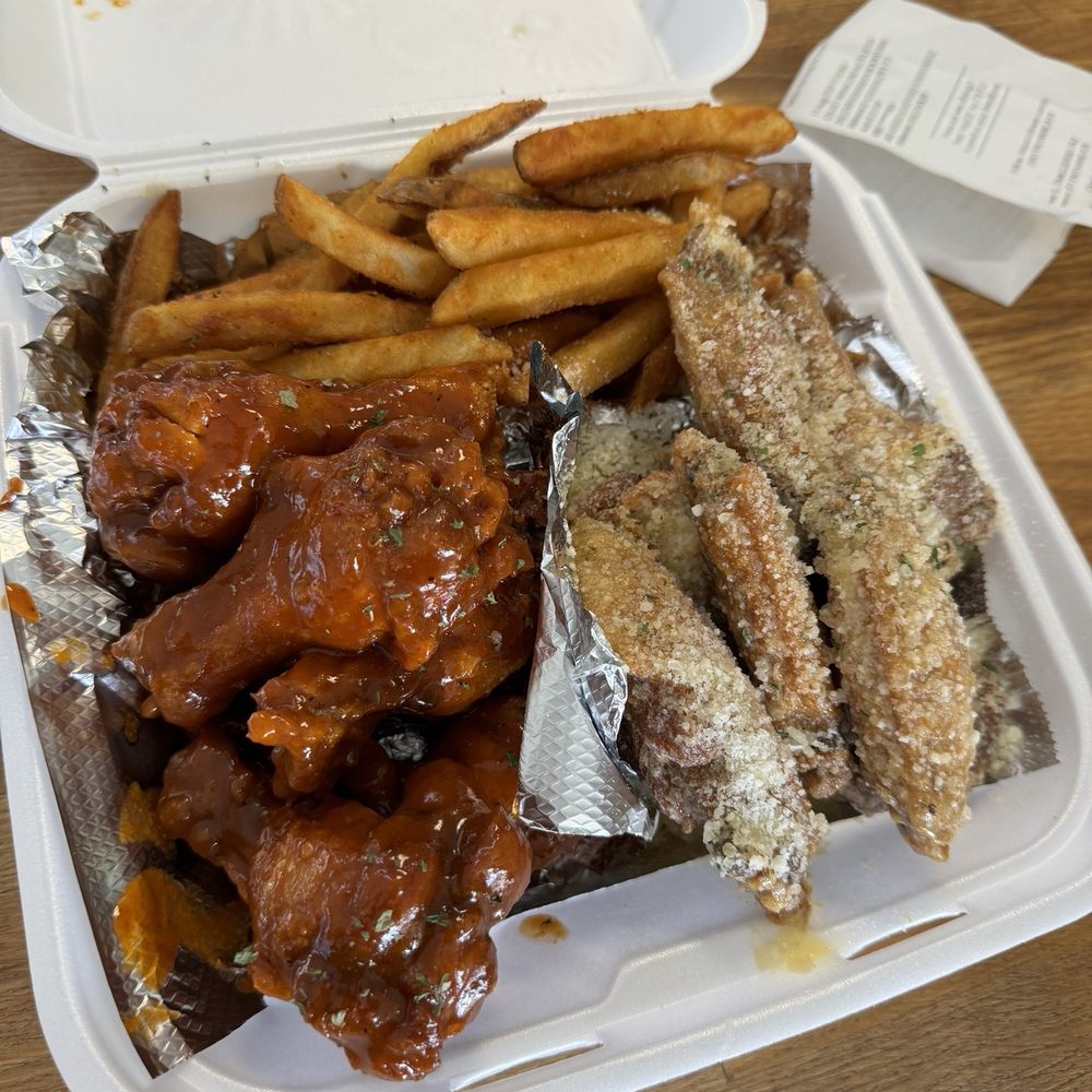 WingMan Redlands - Banging Buffalo and Honey garlic parm w/fries - Chicken Wings Near Me - Redlands, California
