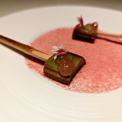 The Umstead Hotel - Herons Pre-Course 4 of 4. Elderflower pickled rhubarb, lime, and other stuff I forgot.