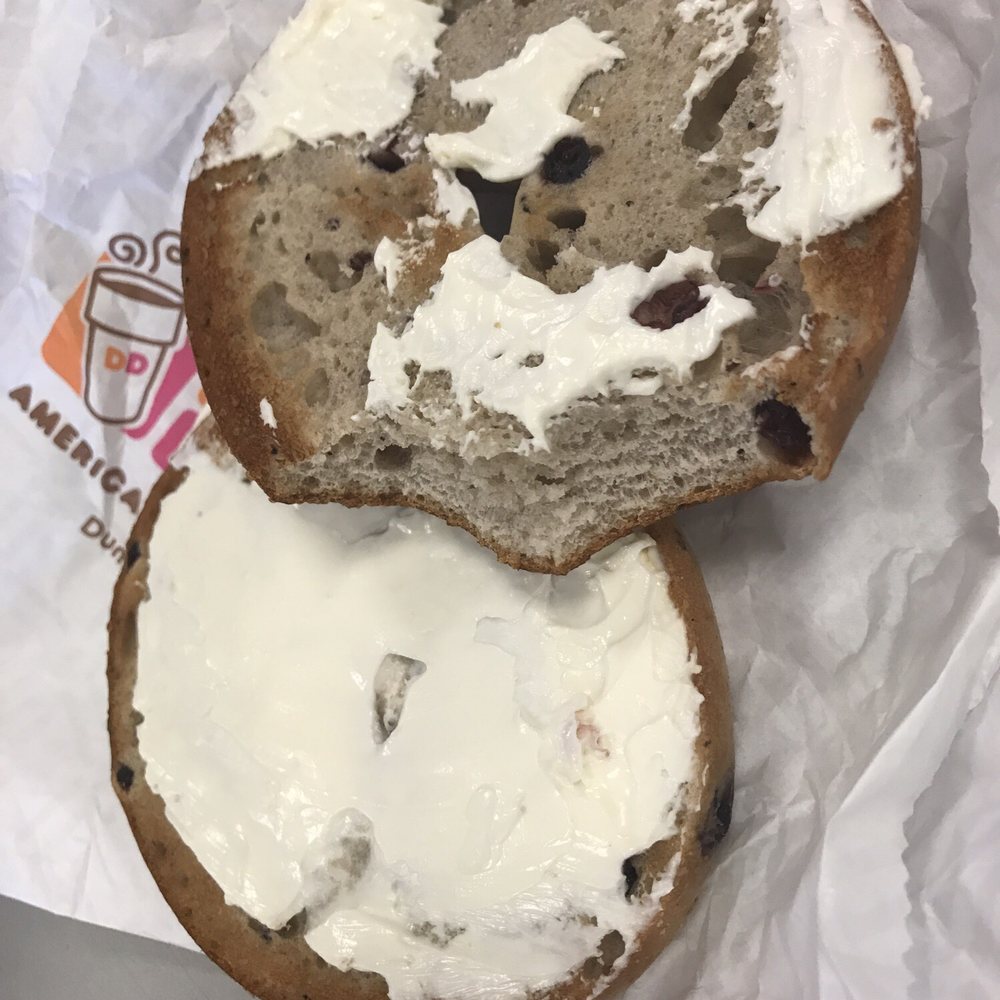 Dunkin' - Over toasted blueberry bagel with cream cheese on only one side, no utensils given, not enough cream cheese to spread on both sides. - Coffee & Tea Near Me - Pooler, Georgia Dunkin' - Over toasted blueberry bagel with cream cheese on only one side, no utensils given, not enough cream cheese to spread on both sides. - Coffee & Tea Near Me - Pooler, Georgia