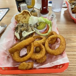 American Legion Post 131 - American burger with mushrooms, Swiss, lettuce, tomato, pickle and onion. Huge homemade onion rings.