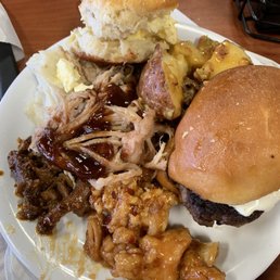 Burger, biscuit, pulled pork, mashed potatoes, orange chicken, cheesy potatoes Burger, biscuit, pulled pork, mashed potatoes, orange chicken, cheesy potatoes