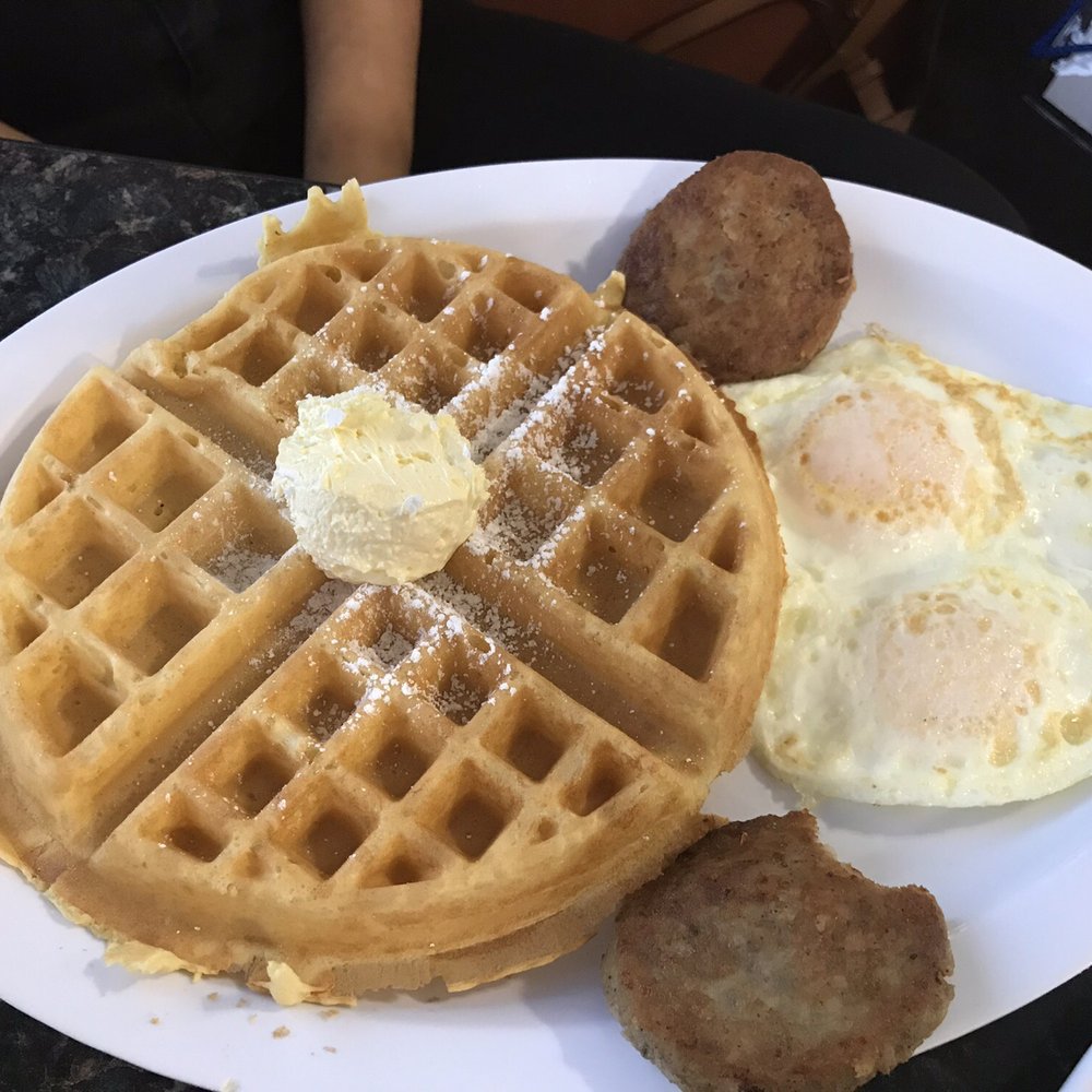 The House Cafe - Waffle, sausage and over medium eggs - Cafes Near Me - Richardson, Texas The House Cafe - Waffle, sausage and over medium eggs - Cafes Near Me - Richardson, Texas