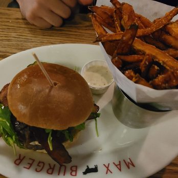 Max Burger - Whiskey burger with sweet potato fries - Burgers Near Me - West Hartford, Connecticut Max Burger - Whiskey burger with sweet potato fries - Burgers Near Me - West Hartford, Connecticut