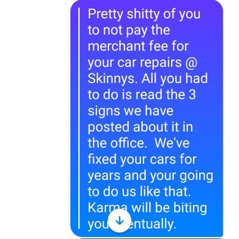 Skinny's Auto Service - Received this message from the owners wife when I have been taking my 4 cars there for 10+ years! - Auto Repair Near Me - Warren, Michigan Skinny's Auto Service - Received this message from the owners wife when I have been taking my 4 cars there for 10+ years! - Auto Repair Near Me - Warren, Michigan