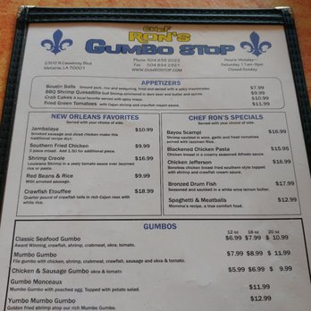 Chef Ron's Gumbo Stop - Menu. - Cajun/Creole Near Me - Metairie, Louisiana