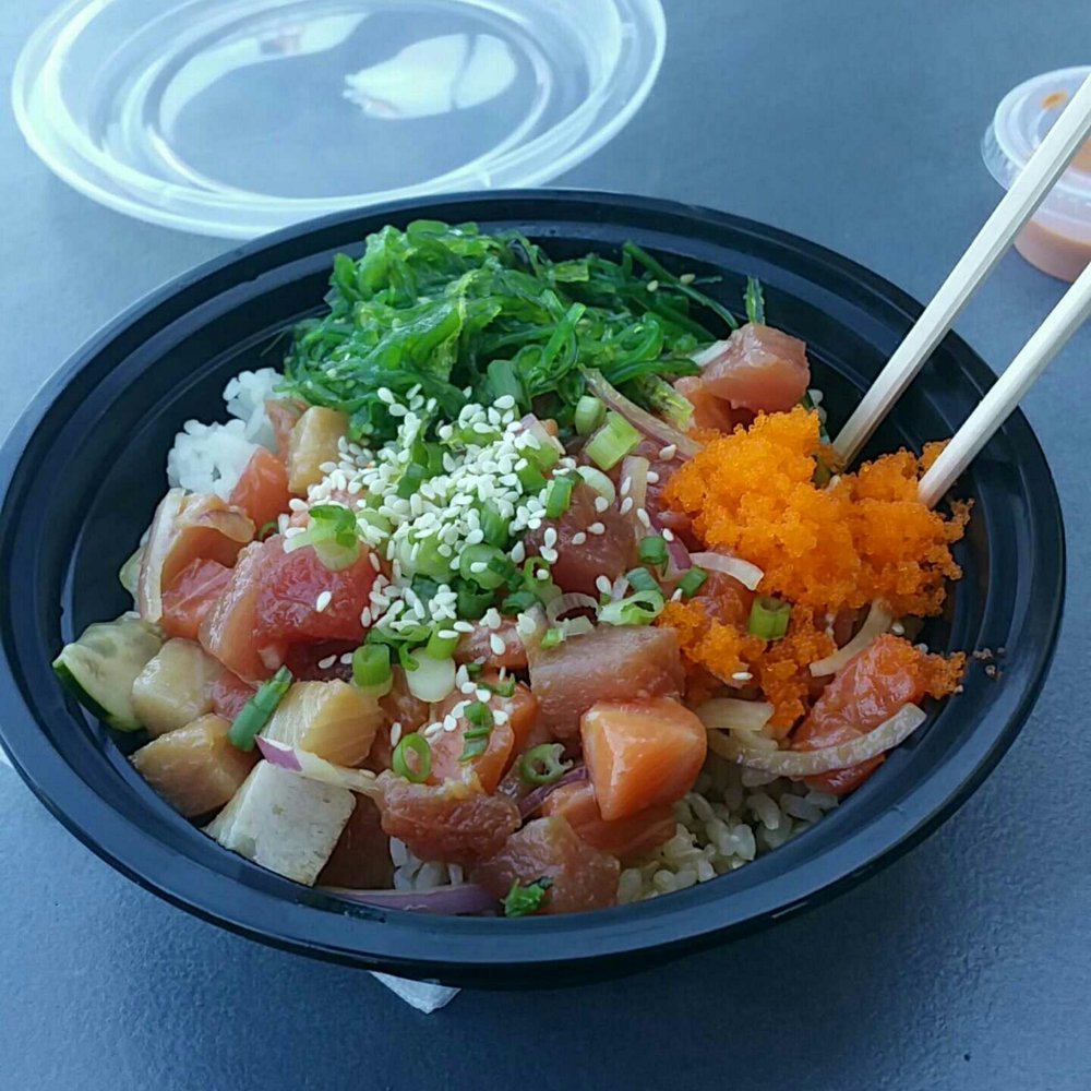 Choppa Poke - 2 scoops of ahi, 2 scoops of salmon, 1 scoop of yellowtail, ponzu sauce, seaweed salad, masago onion sesame seeds over rice - Poke Near Me - Goleta, California Choppa Poke - 2 scoops of ahi, 2 scoops of salmon, 1 scoop of yellowtail, ponzu sauce, seaweed salad, masago onion sesame seeds over rice - Poke Near Me - Goleta, California