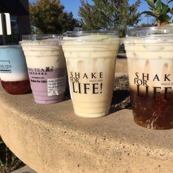 Ding Tea - Left to Right: Butterfly (strawberry preserves, cream, and pea tea) then the Cheese Cream drinks: taro, oolong, and green. - Bubble Tea Near Me - Sacramento, California Ding Tea - Left to Right: Butterfly (strawberry preserves, cream, and pea tea) then the Cheese Cream drinks: taro, oolong, and green. - Bubble Tea Near Me - Sacramento, California