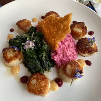 The Flying Bridge - Seared Scallops with red beet risotto, spinach, and red beet and gold beet purée - Seafood Near Me - Falmouth, Massachusetts The Flying Bridge - Seared Scallops with red beet risotto, spinach, and red beet and gold beet purée - Seafood Near Me - Falmouth, Massachusetts