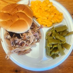 Pulled pork sandwich, green beans and jacked mac and cheese.
