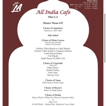 All India Cafe - DineLA menu as of 7/28/2025 - Indian Near Me - Pasadena, California