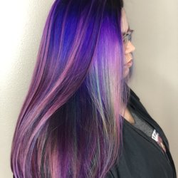 Polish Artistry - A 'Northern Lights' inspired look. We achieved this with a Balayage base enhanced with Fantasy color and finished with a Brazilian Blowout.