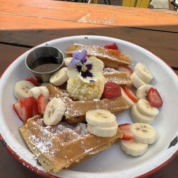 The Shop Brunch - waffle w/whipped orange butter (added fruit) - New American Near Me - Santa Barbara, California The Shop Brunch - waffle w/whipped orange butter (added fruit) - New American Near Me - Santa Barbara, California