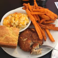 Salmon cake with baked macaroni and sweet potato fries