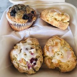 Blueberry muffin, peach scones and mixed berry scone.