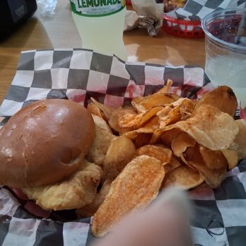 Fat Boys Crab House - Cod fish sandwich with a side order of kettle chips with old bay. - Seafood Near Me - Crofton, Maryland
