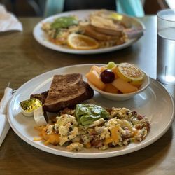 Swami's Café Vista - Farmers Scramble with side of fruit and wheat toast.