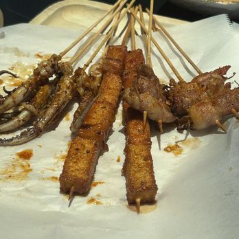 XINJIANG BBQ - Squid tentacles Fish tofu Enoki mushroom bacon - Barbeque Near Me - Monterey Park, California XINJIANG BBQ - Squid tentacles Fish tofu Enoki mushroom bacon - Barbeque Near Me - Monterey Park, California