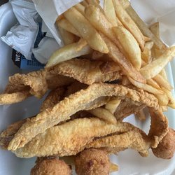Fried catfish fries and hush puppies. Yummmm