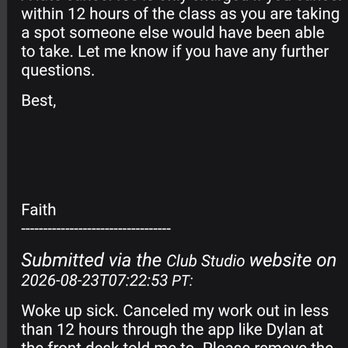 Club Studio - Refund denial due to missing a class because of a fever. - Gyms Near Me - Santa Monica, California