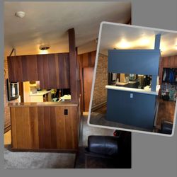 Cherry Creek Cabinetry - Island Before and after of Kitchen with floating upper cabinets