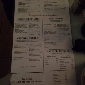 Cafe Bella - Backside of the menu - Italian Near Me - Fort Worth, Texas