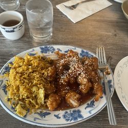 Dragon House - Sesame chicken with pork friend rice