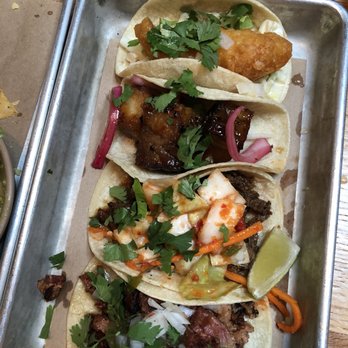 Bartaco - Orlando - Top to bottom: Baja fish, pork belly, ribeye, carnitas - Tacos Near Me - Orlando, Florida