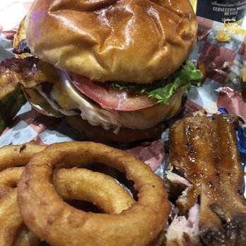 Mac Daddy's - Make your own burger(cheddar. Jack cheese - extra bacon slices and order of fried onion rings - Bowling Near Me - Cape Carteret, North Carolina