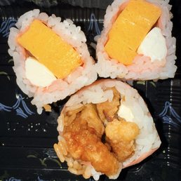 Sweet Potato Roll and Tomago Roll with soy paper and cream cheese added Sweet Potato Roll and Tomago Roll with soy paper and cream cheese added