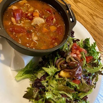 Harvest On Main - Lodge Kettle- Manhattan Seafood Chowder with rice and very delicious side salad. - New American Near Me - Blue Ridge, Georgia Harvest On Main - Lodge Kettle- Manhattan Seafood Chowder with rice and very delicious side salad. - New American Near Me - Blue Ridge, Georgia
