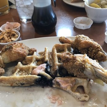 Dame's Chicken and Waffles - Remnants of the feast!! Blueberry waffle  blueberry shmear-chicken legs and cutlet- squash - New American Near Me - Cary, North Carolina
