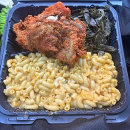 Fried chicken, Mac and cheese & greens.