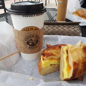 Einstein Bros. Bagels - Café Mocha and 6 Cheese bagel with egg, bacon and cheese, yummo!! - Bagels Near Me - Santee, California Einstein Bros. Bagels - Café Mocha and 6 Cheese bagel with egg, bacon and cheese, yummo!! - Bagels Near Me - Santee, California