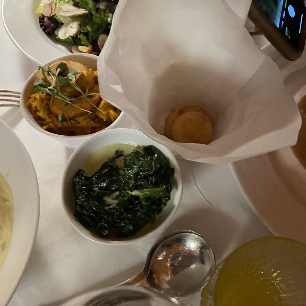 Sketch - A salad, bread, spinach, and the rice dish (which was a contribution by the interior decorator). - French Near Me - London, XGL