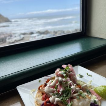 Pier Place - A grilled fish taco with house made sweet pepper slaw - and just a sliver of the view! - Seafood Near Me - Point Arena, California