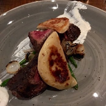 Riel - Hanger Steak (medium rare) with potato cheddar pierogi, green beans and horseradish cream so very good - New American Near Me - Houston, Texas Riel - Hanger Steak (medium rare) with potato cheddar pierogi, green beans and horseradish cream so very good - New American Near Me - Houston, Texas