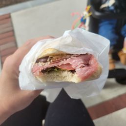 a person holding a sandwich