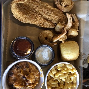 VooDoo BBQ & Grill - Catfish and shrimps combo with Mac & Cheese and Sweet Potato Soufflé - Barbeque Near Me - Pensacola, Florida
