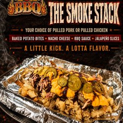 B52 BBQ - Bed of baked potato bites topped with a choice of pulled pork or pulled chicken, nacho cheese and jalapenos.