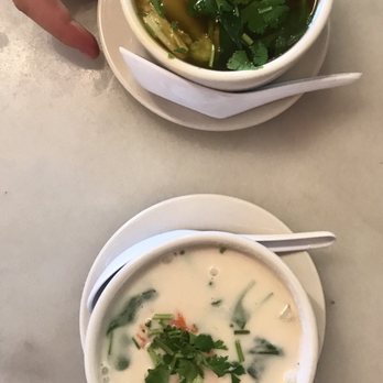 The Smiling Elephant - Top soup is of some Tom Yum (husbands favorite, but he didn't like this one). Bottom is Tom Kha which was amazing. - Thai Near Me - Nashville, Tennessee The Smiling Elephant - Top soup is of some Tom Yum (husbands favorite, but he didn't like this one). Bottom is Tom Kha which was amazing. - Thai Near Me - Nashville, Tennessee