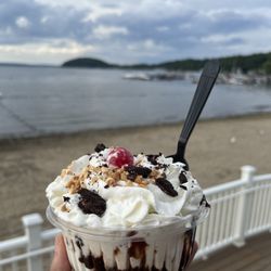 Ugly Ice Cream - "Let's Get Ugly" Sundae    Vanilla ice cream | hot fudge | Oreo crumble | wiggly worms | brownie | peanuts | whipped cream & cherry