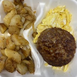 Sausage, scrambled egg, home fries platter Sausage, scrambled egg, home fries platter