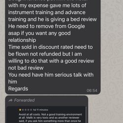 Ameri Flight School - Message he sent to my dad. Threatening us to take down an honest review.