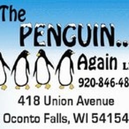 three penguins standing in front of a blue sky