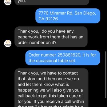 Ashley Store - My chat with them on messenger, them stating they will contact me within 24 hours - Furniture Stores Near Me - San Diego, California Ashley Store - My chat with them on messenger, them stating they will contact me within 24 hours - Furniture Stores Near Me - San Diego, California