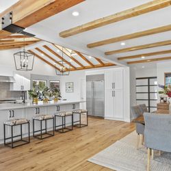 Green Universe - Bel Air Remodeled Home with A New Modern Kitchen - open space design, Huge Island, vaulted ceilings and exposed wood beams.