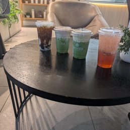 Cookie butter matcha latte, strawberry tea, brown sugar milk tea, brown sugar fresh milk, strawberry creme oat matcha