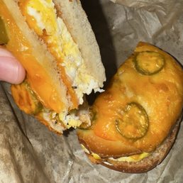 Bacon & Cheddar Egg Sandwich on jalepeno cheddar bagel Bacon & Cheddar Egg Sandwich on jalepeno cheddar bagel
