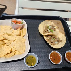 Beach Street Tacos - Two carne asada tacos, chips and salsa (Pico de Gallo style) and free red and green salsas