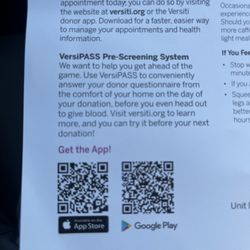Versiti Blood Center of Indiana - Paperwork given with info and QR codes.